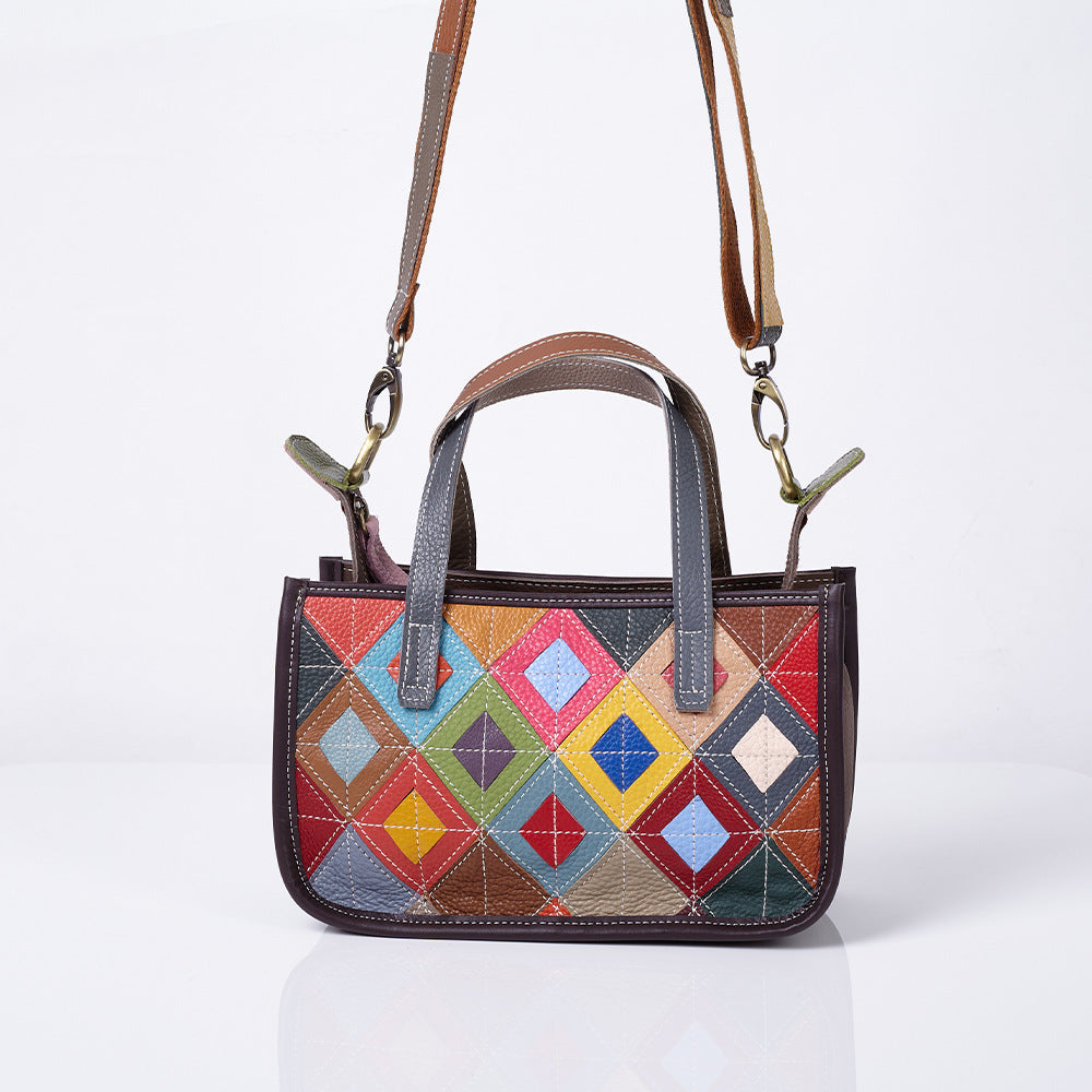 Shoulder strap attached to the colorful cowhide bag