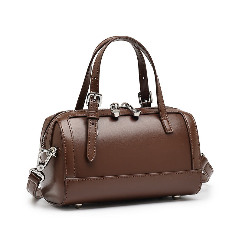 Cowhide Leather Mini Boston Bowling Bag in Brown