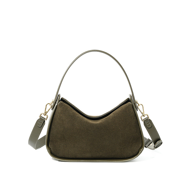 Suede-Finish Cowhide Small Plus Shoulder Bag in Army Green
