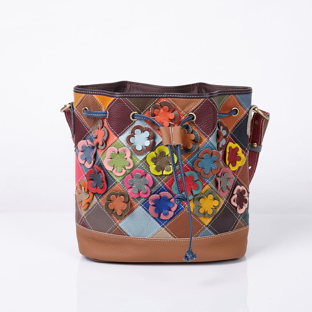 Open-top view of bucket bag interior with pockets