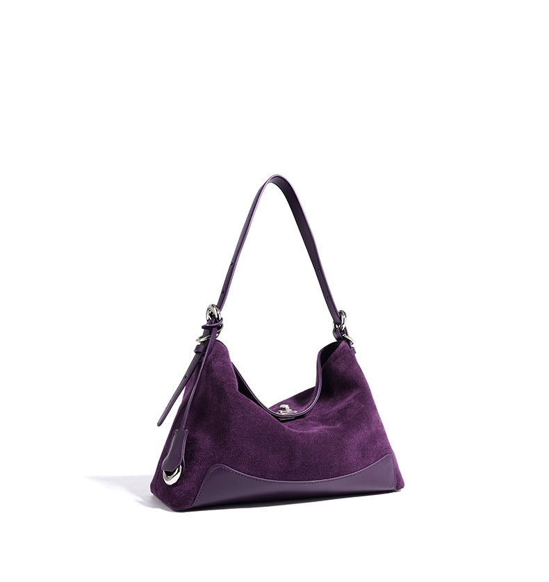 Angled view of the purple tote with contrasting trim