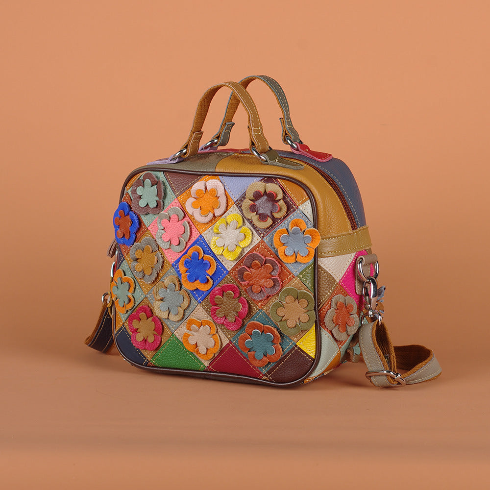 Multicolor and black-and-white floral cowhide bags shown together