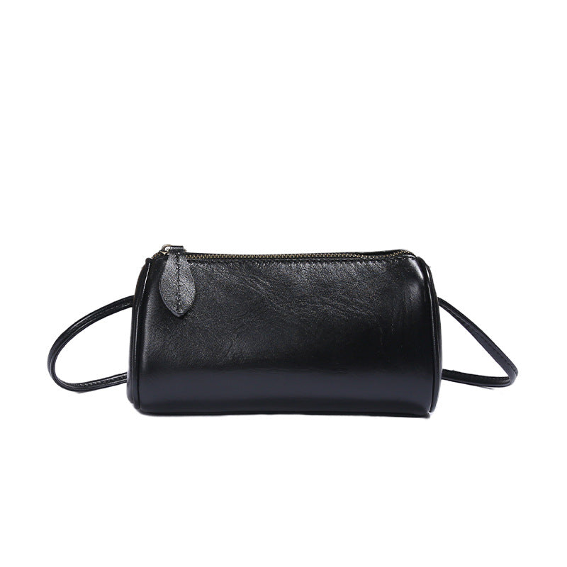 Top-Grain Cowhide Mini Barrel Crossbody Bag in Black