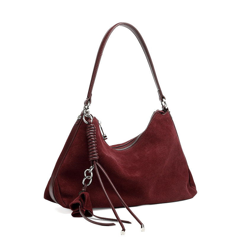 Nubuck Cowhide Underarm Tote Bag with Tassel in Wine Purple