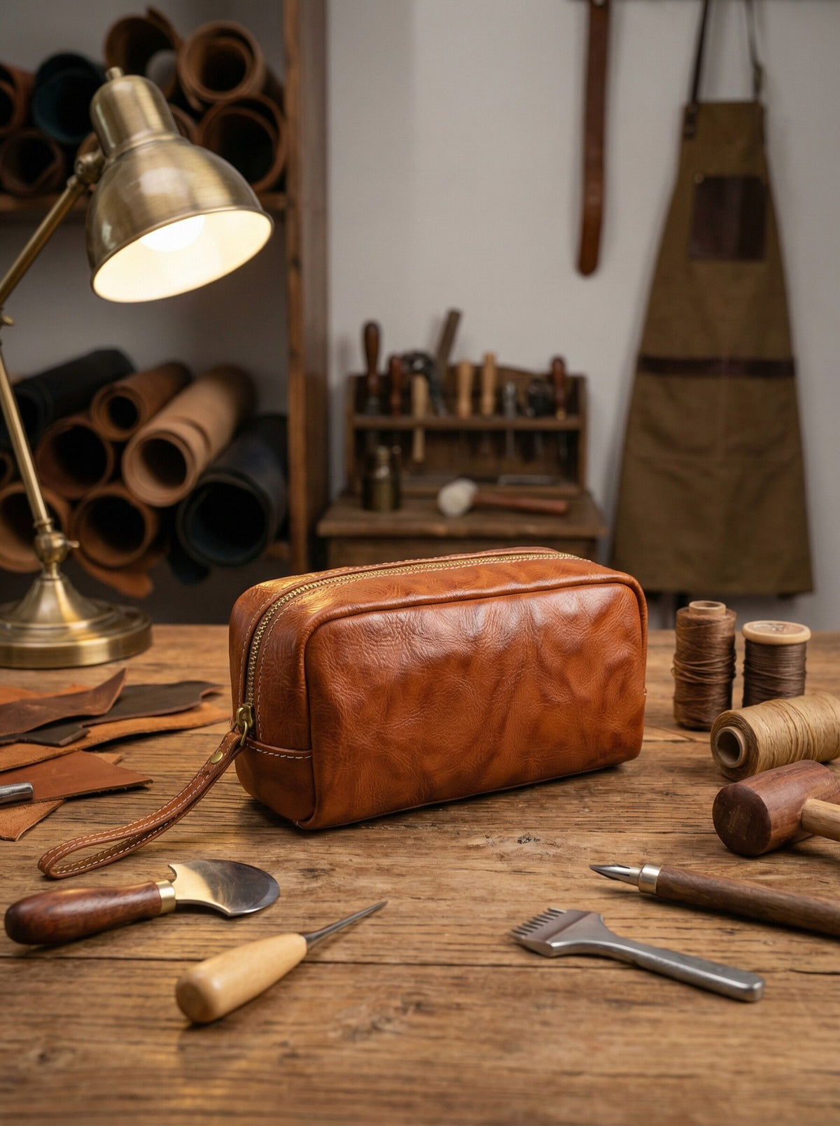Brown leather cosmetic pouch displayed in a workshop setting