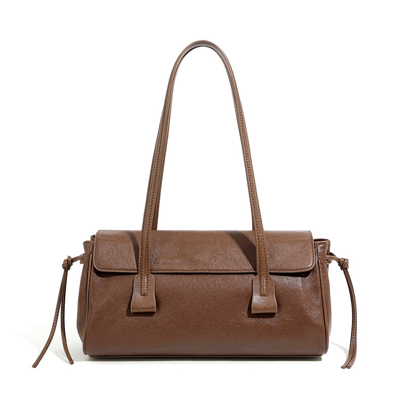 Cowhide Leather Small Plus Shoulder Bag with Top Handles in Brown