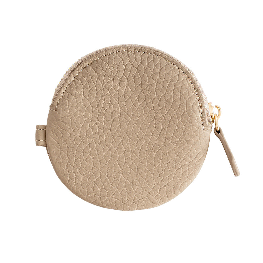 Cowhide Leather Micro Round Coin Purse with Zipper in Linen Grey