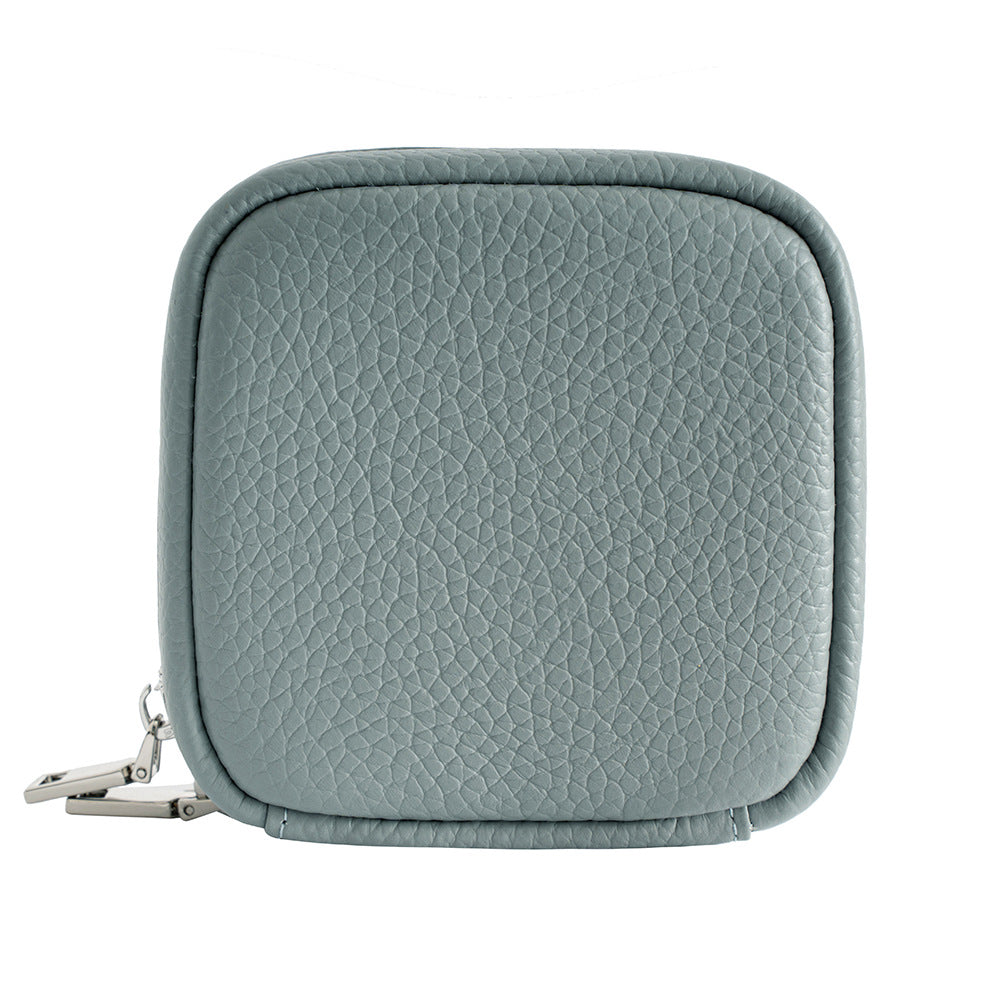 Cowhide Leather Micro Cosmetic Pouch with Zipper Closure in Light Blue