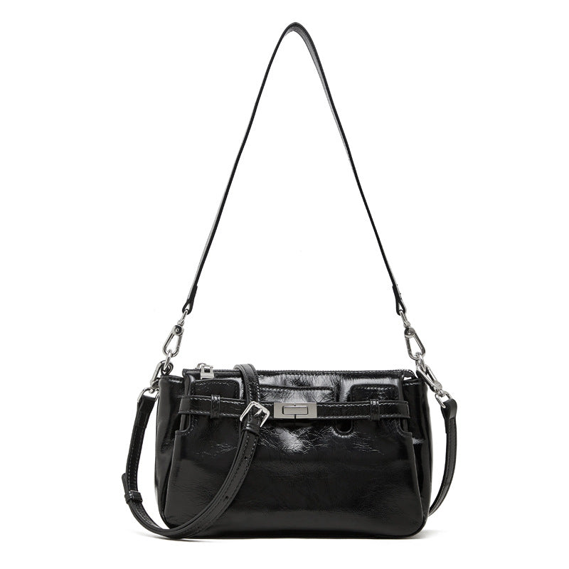 Top-Grain Waxed Leather Shoulder Bag with Adjustable Strap in Black