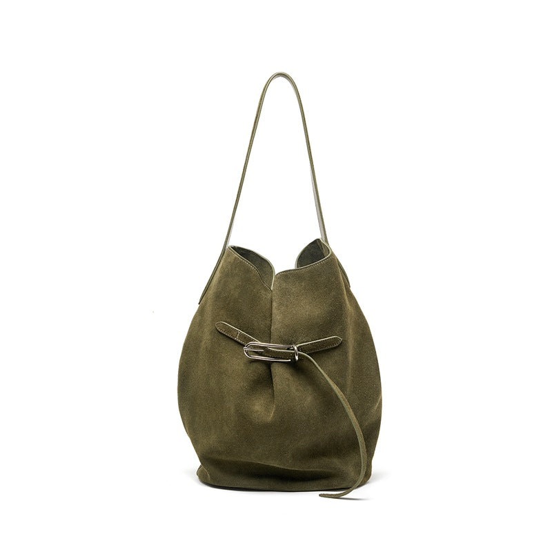 Top-Grain Suede Cowhide Shoulder Tote Bag in Olive Green, 9.8 x 6.7 x 13.8 in