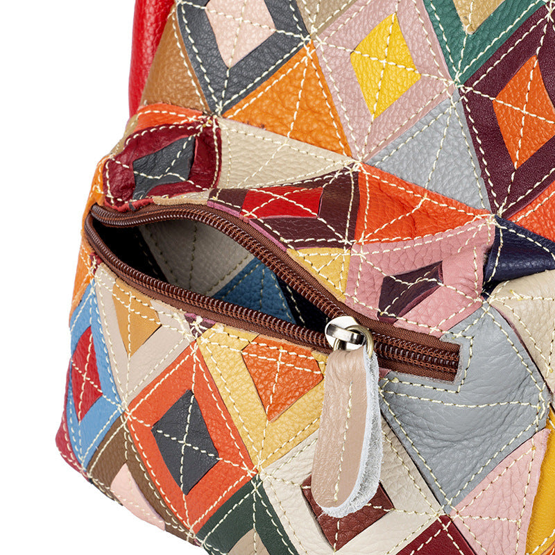 Close-up of the front zip pocket and multicolor geometric leather