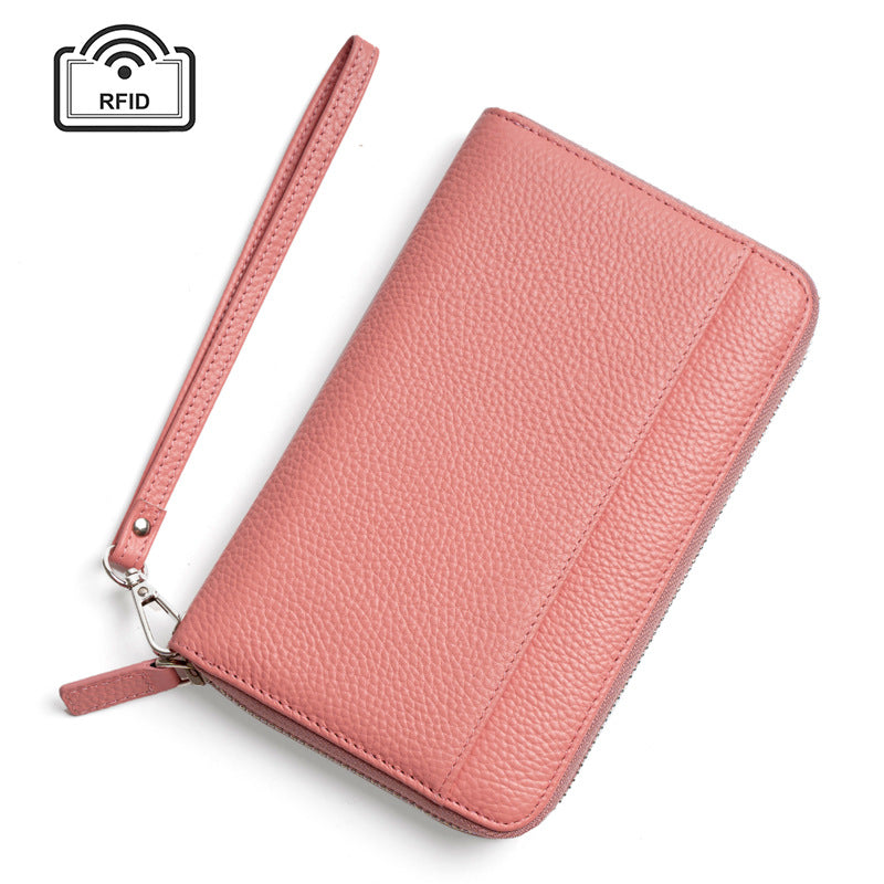 Genuine Leather RFID Passport Holder Wallet with Wrist Strap in Light Pink