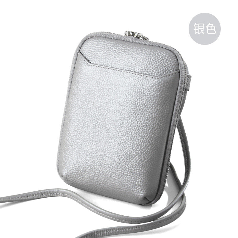 Cowhide Vertical Crossbody Phone Bag, Pebbled in Silver