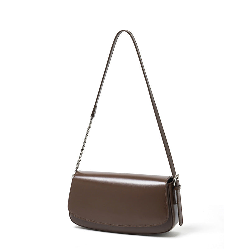 Cowhide Leather Baguette Saddle Shoulder Bag in Brown