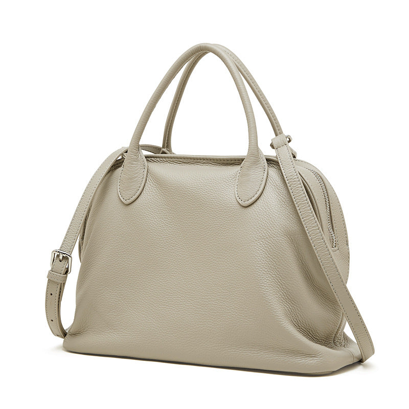Cowhide Leather Small Bowling Tote Bag, Pebbled in Light Gray