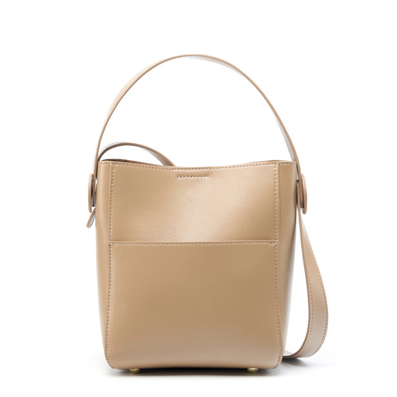 Cowhide Leather Bucket Crossbody Bag in Apricot