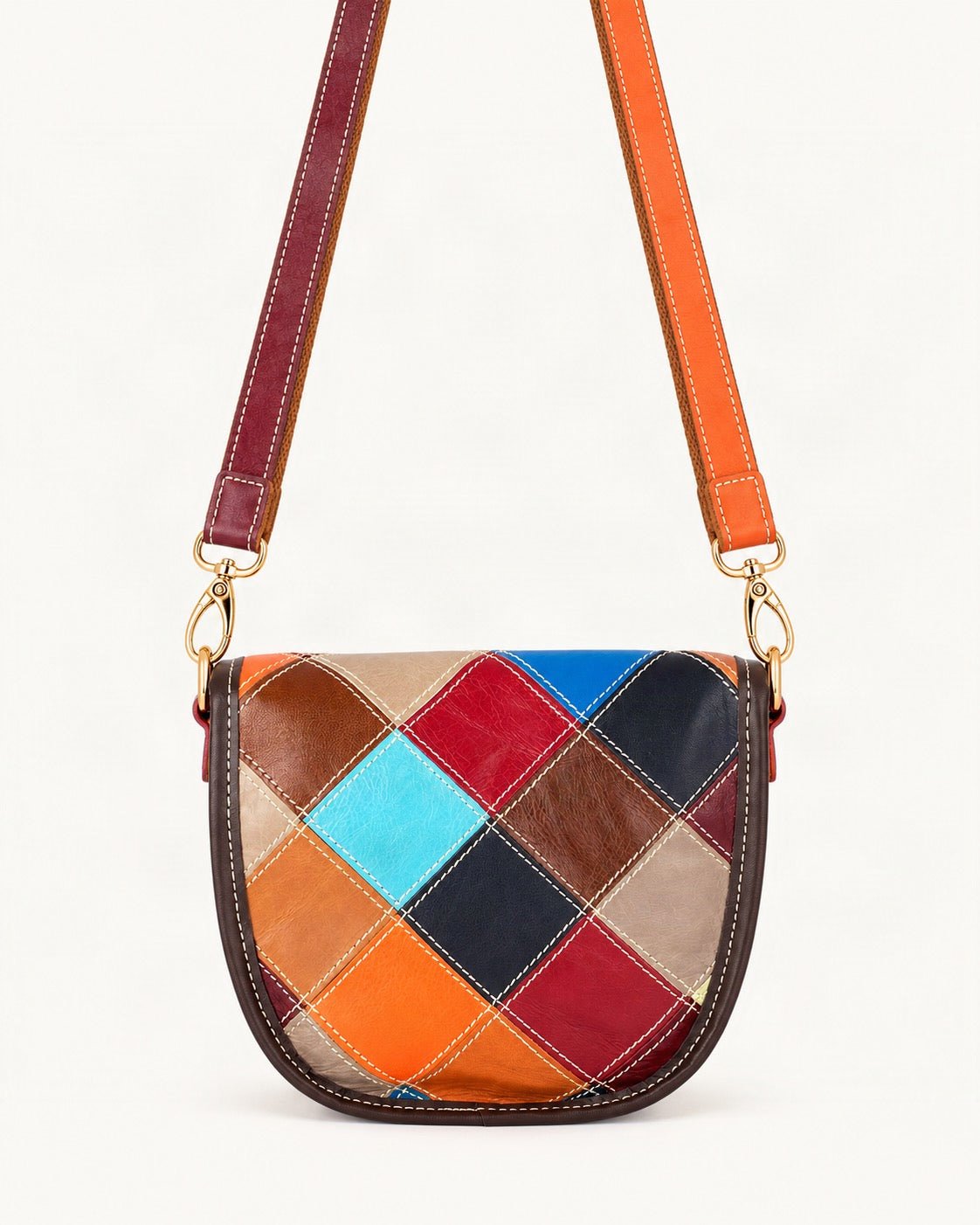 Cowhide Patchwork Crossbody Bag in Multicolor Oil-Waxed Leather — straight-on front view on a warm white background
