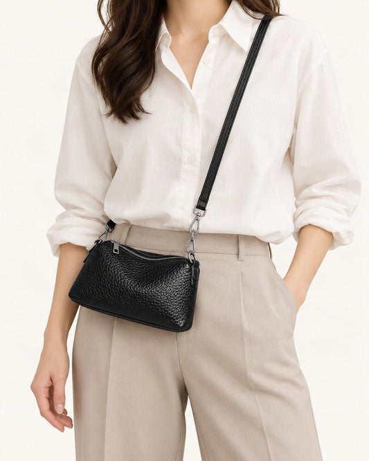 Top-Grain Cowhide Small Shoulder Crossbody Bag worn crossbody