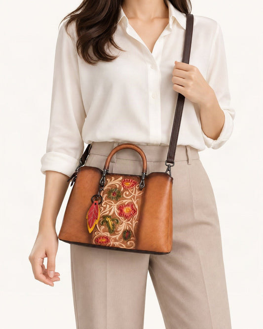 Top-Grain Cowhide Floral Crossbody Bag worn crossbody
