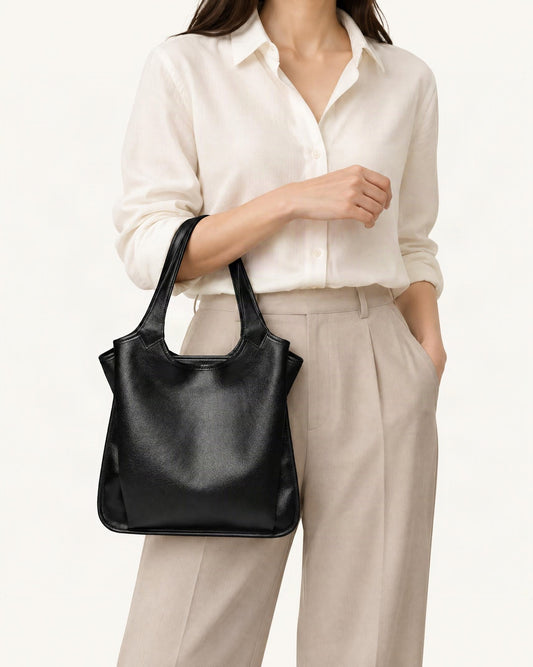 Top-Grain Cowhide Leather Tote Shoulder Bag worn crossbody