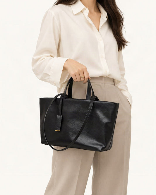 Cowhide Leather Tote Bag with Crossbody Strap worn crossbody