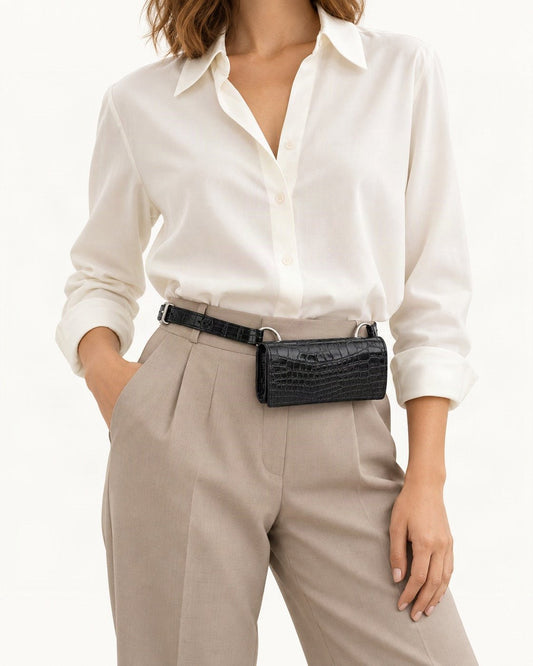Split Cowhide Croc-Embossed Belt Bag worn crossbody