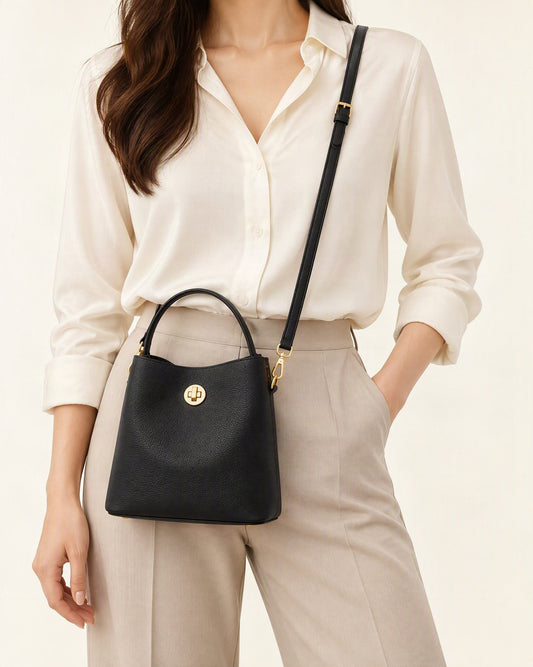 Top-Grain Cowhide Small Bucket Bag worn crossbody