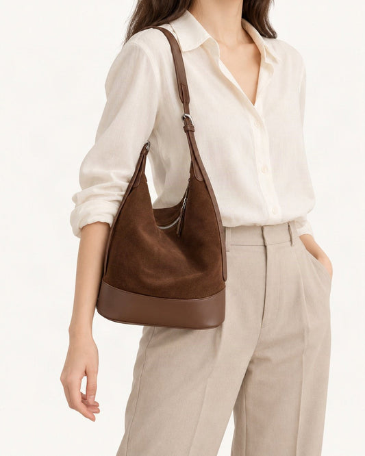 Suede Leather Small Shoulder Bucket Bag worn on the shoulder