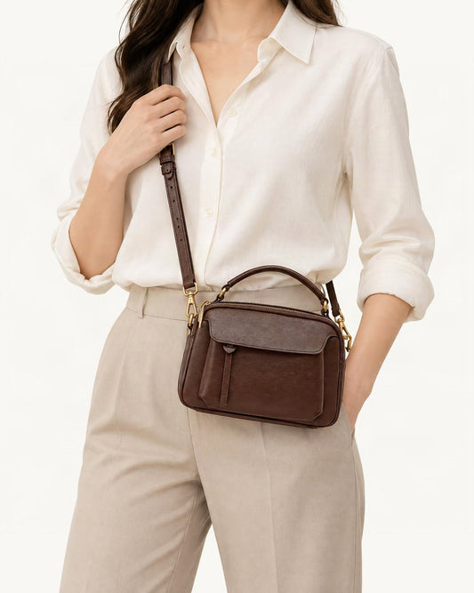 Top-Grain Cowhide Boston Crossbody Bag worn crossbody