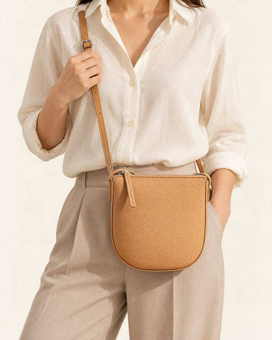 Cowhide Leather Mini Crossbody Phone Bag worn crossbody