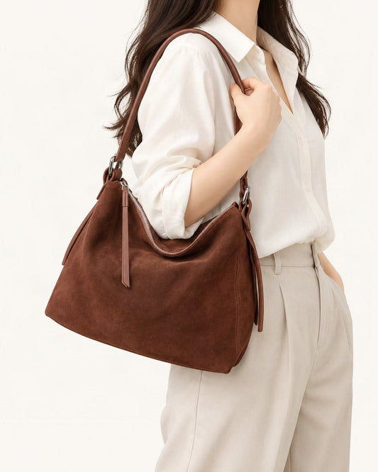 Suede Cowhide Small Plus Shoulder Tote Bag worn on the shoulder