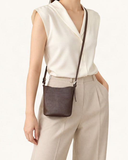 Top-Grain Cowhide Mini Bucket Shoulder Bag worn crossbody
