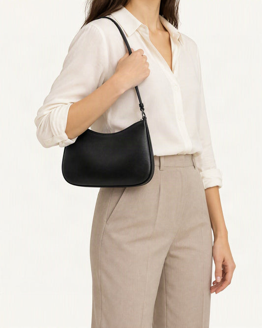 Cowhide Leather Underarm Shoulder Bag with Stitched Detail worn crossbody