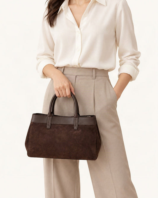 Suede Cowhide Top-Handle Shoulder Bag worn on the shoulder