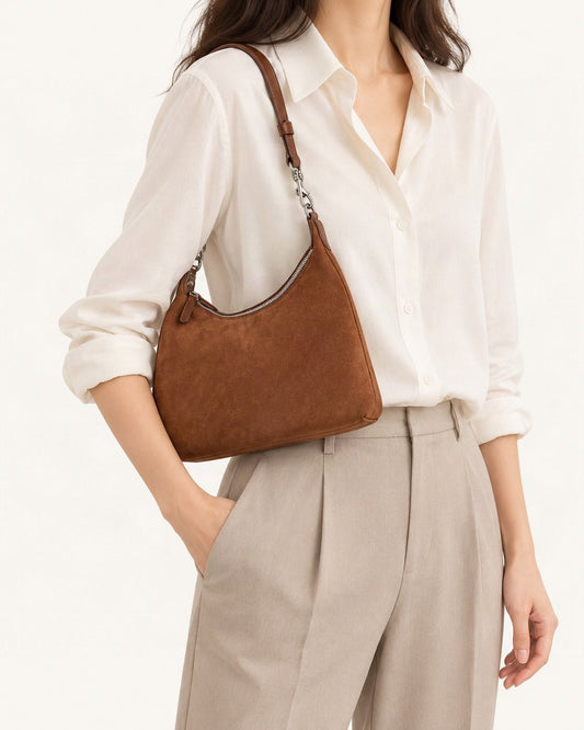 Cowhide Suede-Panel Shoulder Bag worn on the shoulder