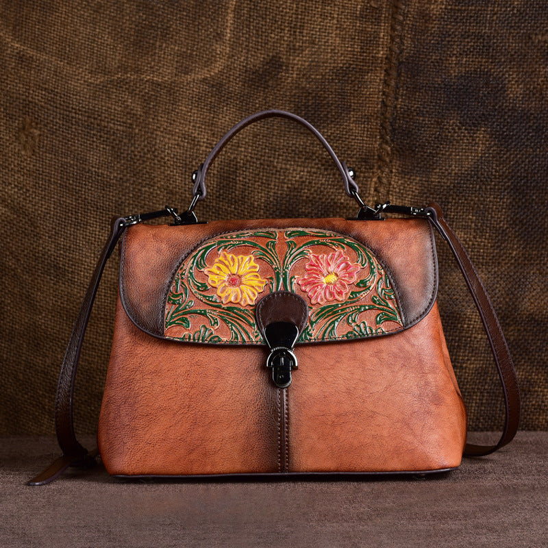 Vintage brown leather flap bag with colorful floral embossing