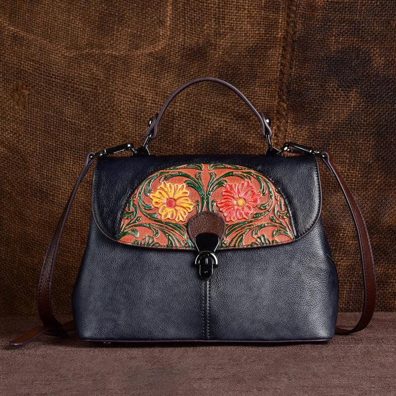 Top-Grain Cowhide Top-Handle Crossbody Bag in Vintage Black