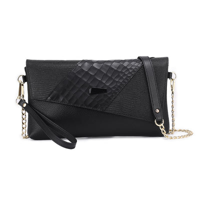 Black cowhide clutch front view with wrist strap and gold-tone chain