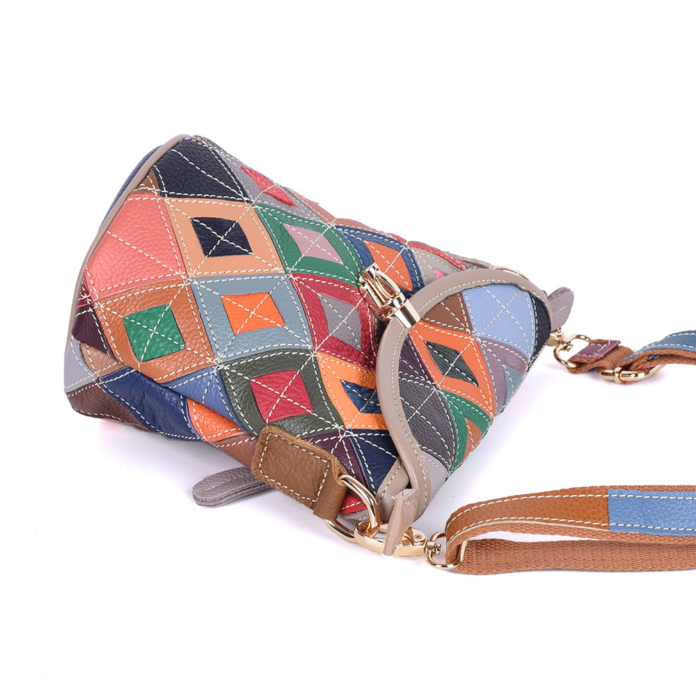 Angled view highlighting the bag's depth and multicolor panels