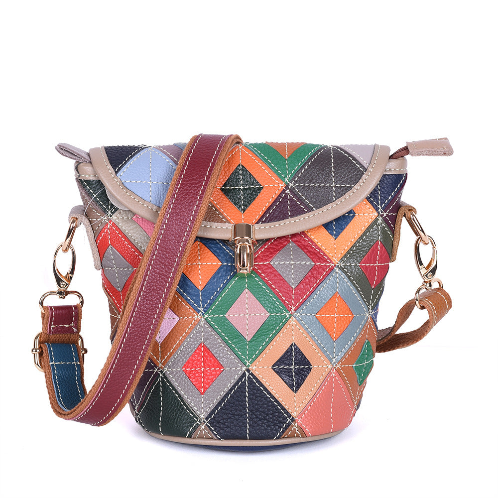 Multicolor geometric patchwork cowhide crossbody bag, front view