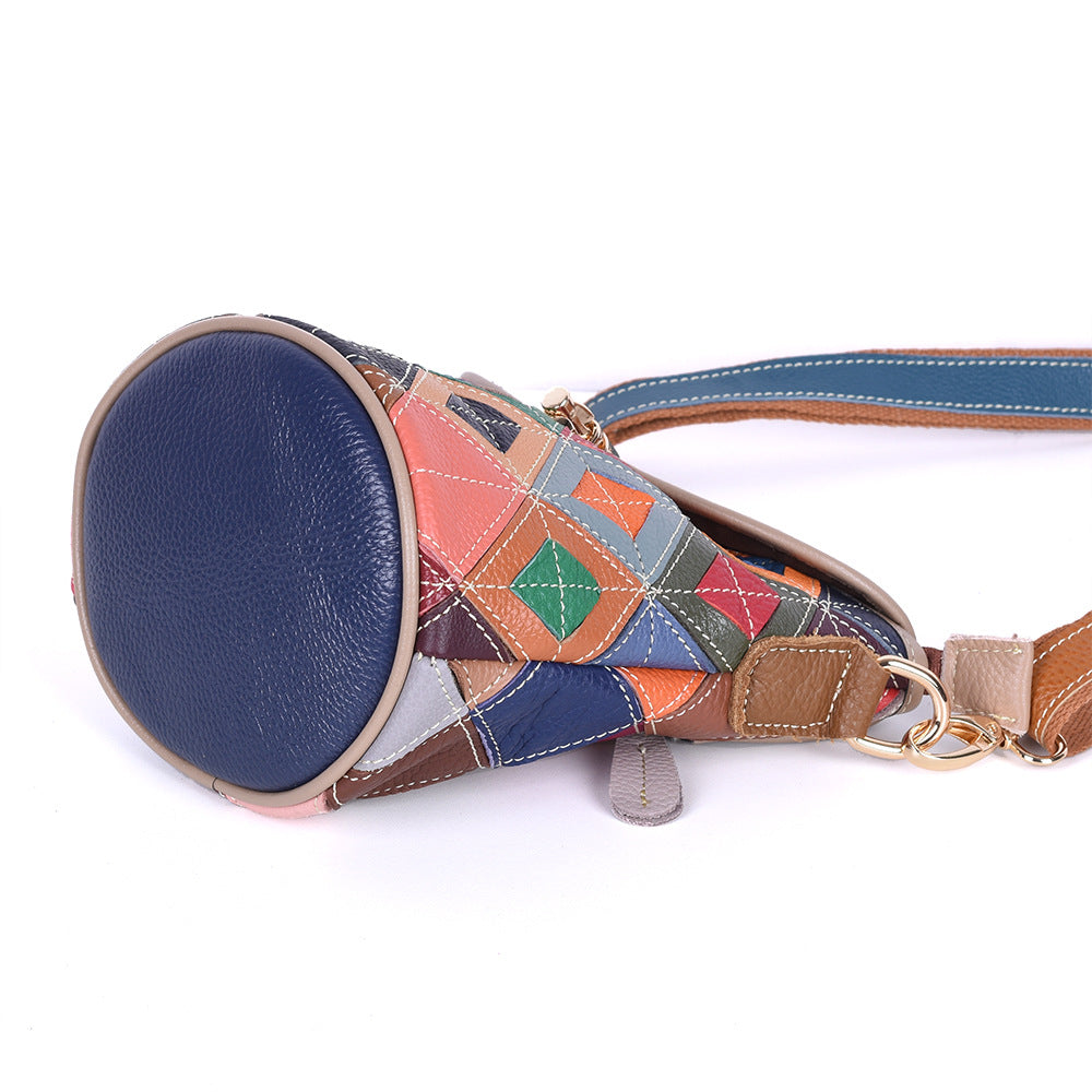 Bottom view of patchwork bag with rounded reinforced base