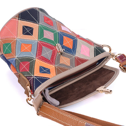 Open flap view of the patchwork bag and interior compartment