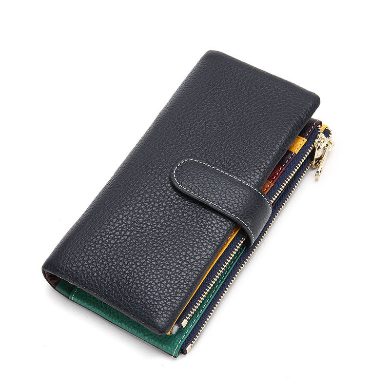 Black leather long phone wallet with gold-tone hardware and card slots