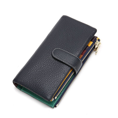 Black leather long phone wallet with gold-tone hardware and card slots