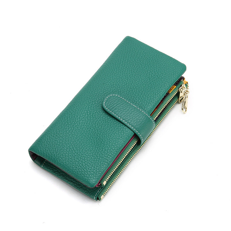 Genuine Leather Long Bifold Wallet in Green