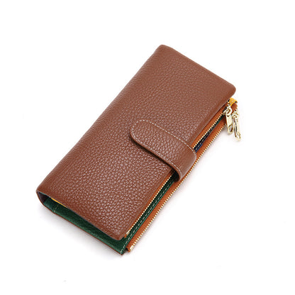 Brown pebbled leather long wallet with gold-tone zipper pull on white background