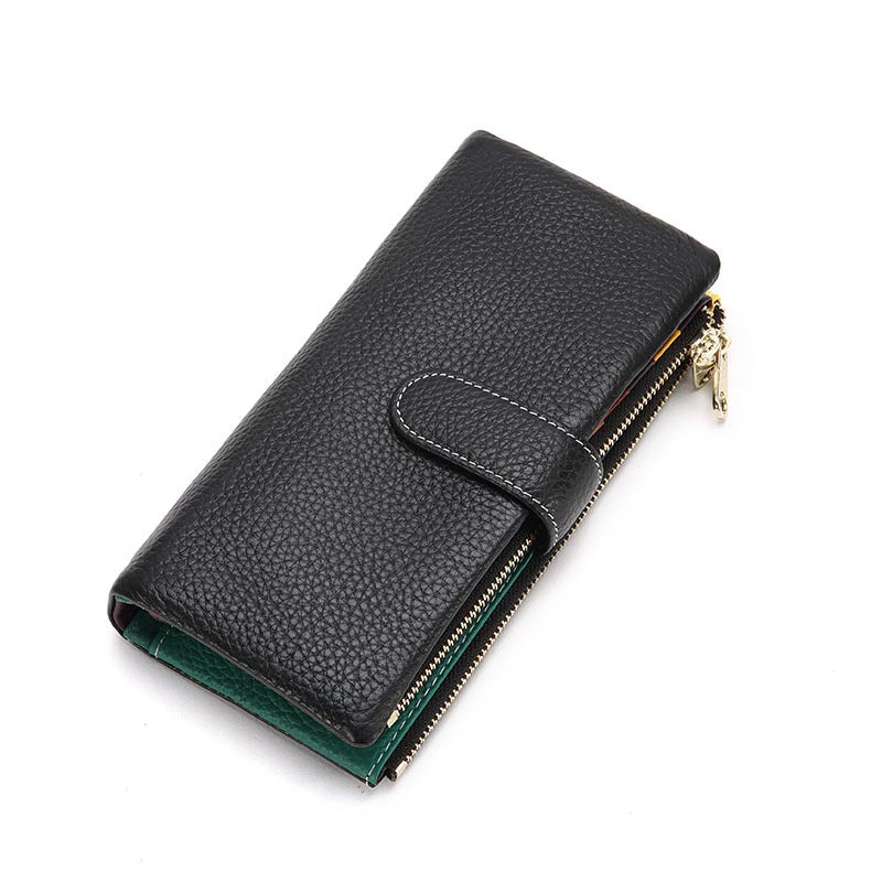 Genuine Leather Long Bifold Wallet in Black