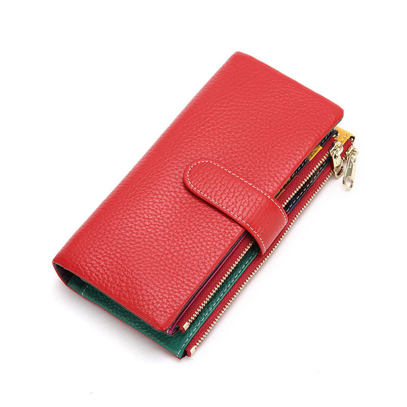 Red pebbled leather bifold wallet with wraparound zipper closure