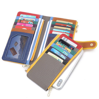 Open leather phone wallet showing 23 card slots, phone pouch, and zip coin pocket