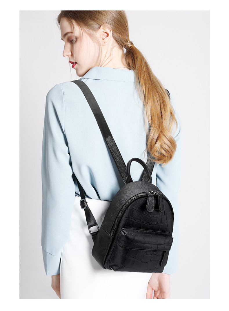 Black mini backpack shown from behind on a model
